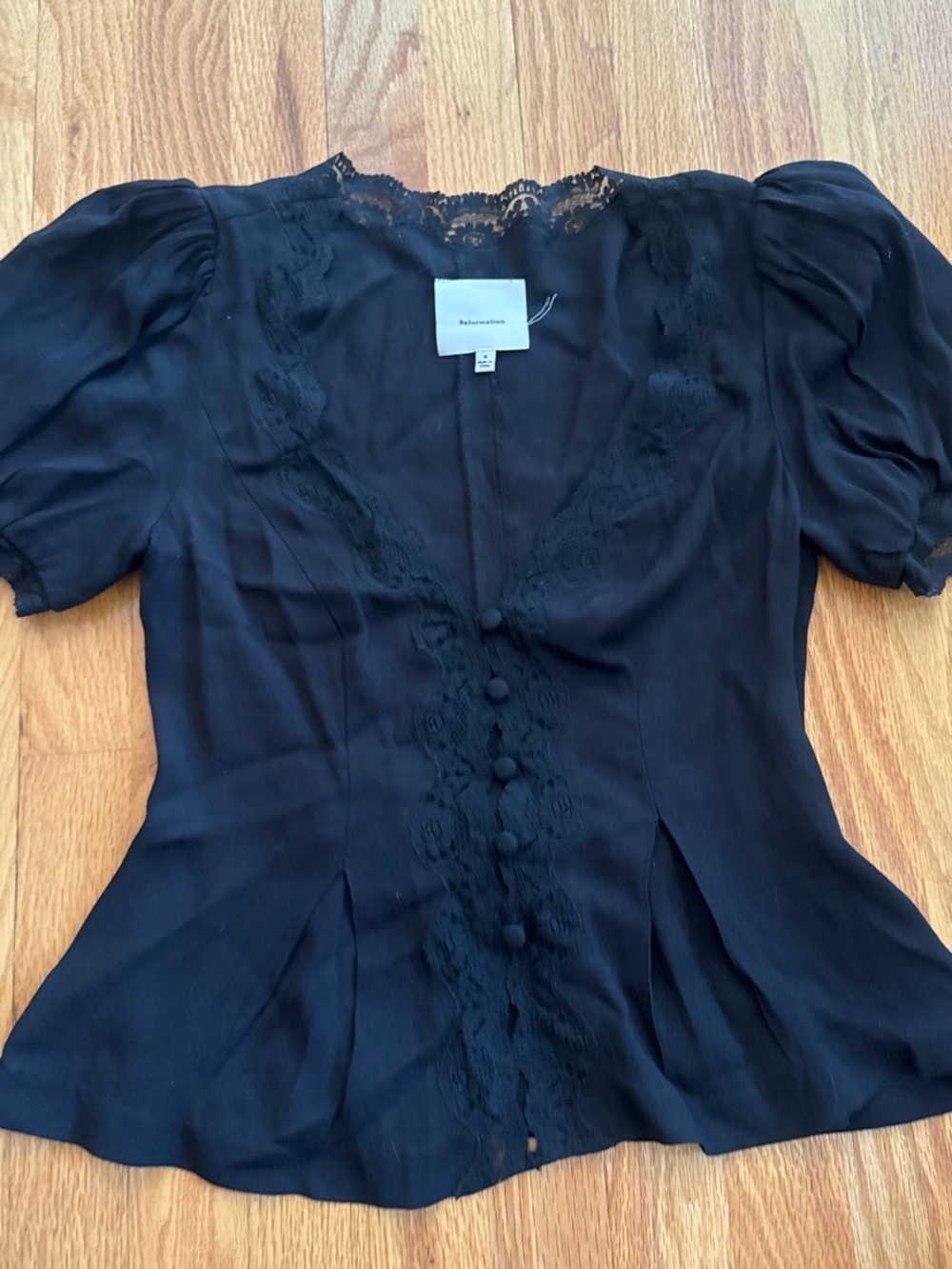 Reformation Black Lace Peplum Puff Sleeve Top Size 4 Button Front Coquette